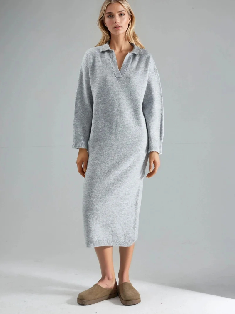 MY FASHION Grey MY FASHION Ribbed Polo Collar Maxi Knit Dress for Women | Best Price UAE